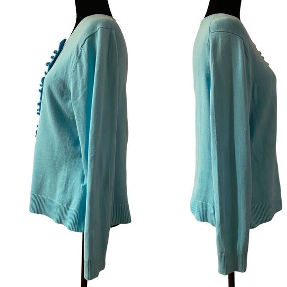 Lands’ End Lightweight‎ Aqua Long Sleeve Cardigan with Front Ruffle Size Medium - Picture 3 of 11